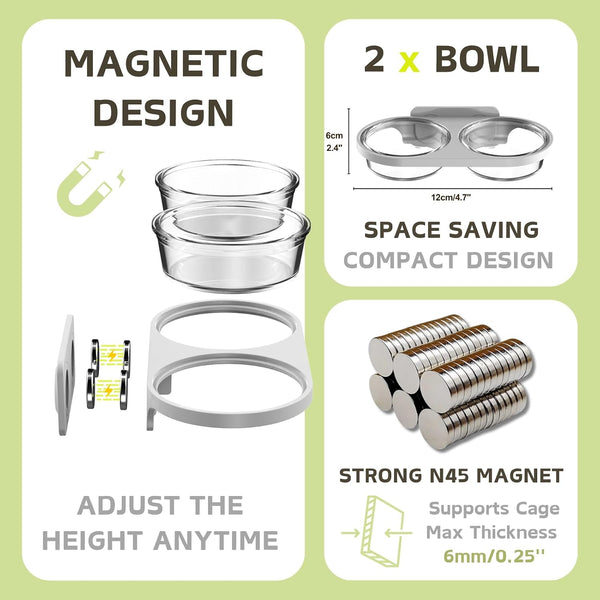 Magnetic Reptile Feeding Ledge with 2 Pack Plastic Bowls Food Feeder Water Dish for Crested Gecko Dwarf Hamster(Gray, Magnetic-Mounted)2