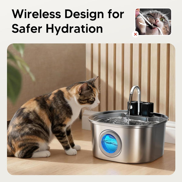 Voluas Stainless Steel Cat Water Fountain, Wireless, 108Oz/3.2L, 1 Filter | Cordless Design, Ultra-Quiet Pump, Easy to Clean, Bpa-Free4
