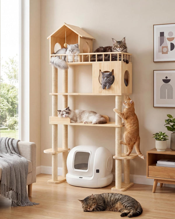 Wood Cat Tree for Automatic Litter Box, 5 Tier Cat Tower, 74 Inch | Tall Cats Tree for Indoor Cats Large Adult, Solid Wood Cat Furniture for Self Cleaning Litter Box, W/Scratching Post, House8