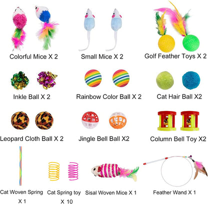 32Pcs Cat Toys Kitten Interactive Pet Toys Assortments, Foldable Rainbow Tunnel, Teaser Wand Fluffy Mouse Crinkle Balls Bell Play for Puppy Kitty (3 Way)3