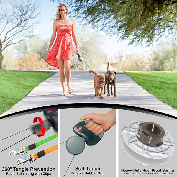 WIGZI (2) Two Dog Reflective Retractable Pet Leash – 360 Degree Zero Tangle Patent - Two Dogs Each up to 50 Lbs and 10Ft. Reflective Orange and Green Leads. Dual Locking3