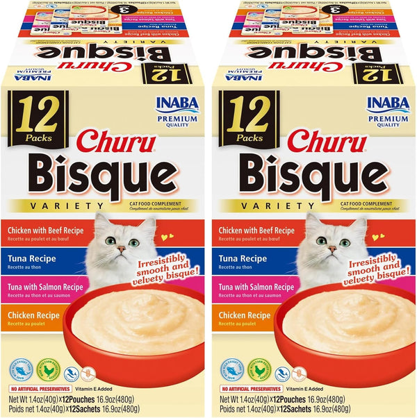INABA Churu Bisque for Cats, Creamy Lickable Purée Side Dish with Vitamin E, 1.4 Ounces per Pouch, 12 Pouches, Tuna & Chicken Variety12