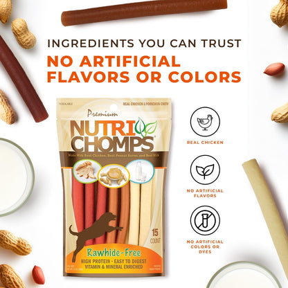 Nutri Chomps Dog Chews, 5-Inch Twists, Easy to Digest, Rawhide-Free Dog Treats, 15 Count, Real Chicken, Peanut Butter and Milk Flavors | a Rawhide-Free Chew That'S Gentle and Easy to Digest, Made with the Real, Wholesome Ingredients Dogs Love5