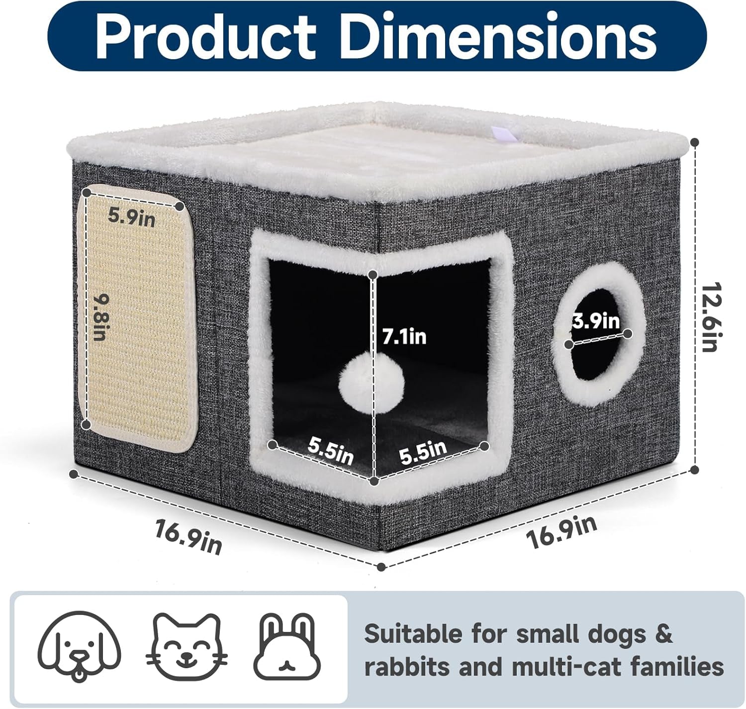 shikha-cat-house-bed-for-indoor-cats-with-fluffy-ball-and-scratch-pad-grey-foldable-large-cat-cave-hideaway-with-cozy-condo-hide-and-seek-window-holds-up-to-30lbs-all-season-reversible-cushion