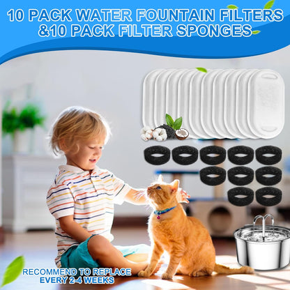 Cat Water Fountain Filters, 20Pack Cat Fountain Replacement Filters for Stainless Steel 108Oz/3.2L& 67Oz/2L Adjustable Water Flow Pet Water Fountain,Dog Water Fountain Filters（10 Filters& 10 Sponges)5