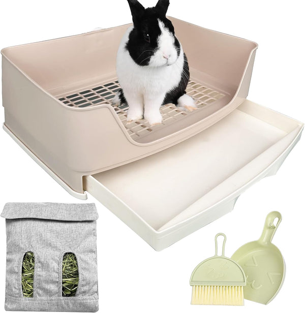 Large Rabbit Litter Box Bunny Litter Box, Potty Training for Rabbits Litter Pan with Drawer, Rabbit Bedding Toilet for Adult Guinea Pig, Ferret, Bunny and Other Animals (Brown)1