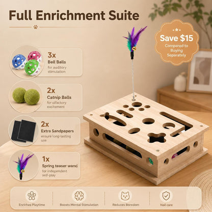 2026 New Cat Scratch Puzzle Enrichment Box, Interactive Cat Nail File Box with Catnip & Bell Ball, Cat Scratcher Toy with Teaser Wand, Stress-Free Alternative to Clippers & Grinders2
