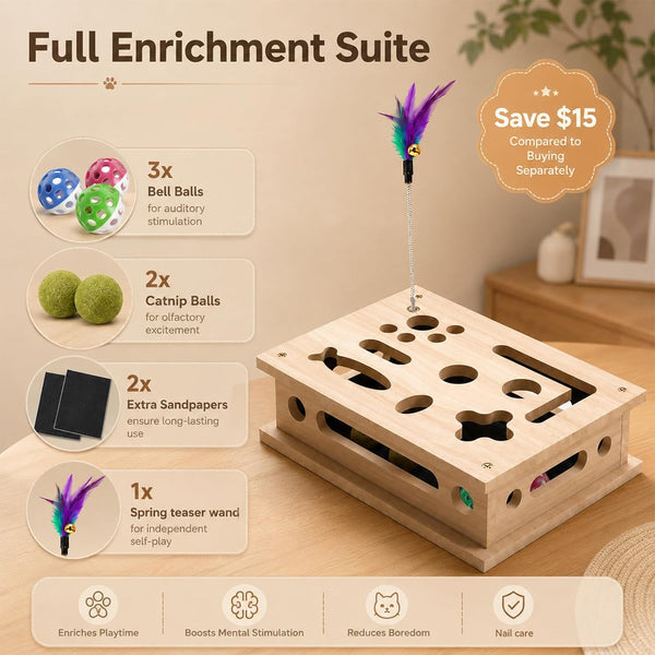 2026 New Cat Scratch Puzzle Enrichment Box, Interactive Cat Nail File Box with Catnip & Bell Ball, Cat Scratcher Toy with Teaser Wand, Stress-Free Alternative to Clippers & Grinders2