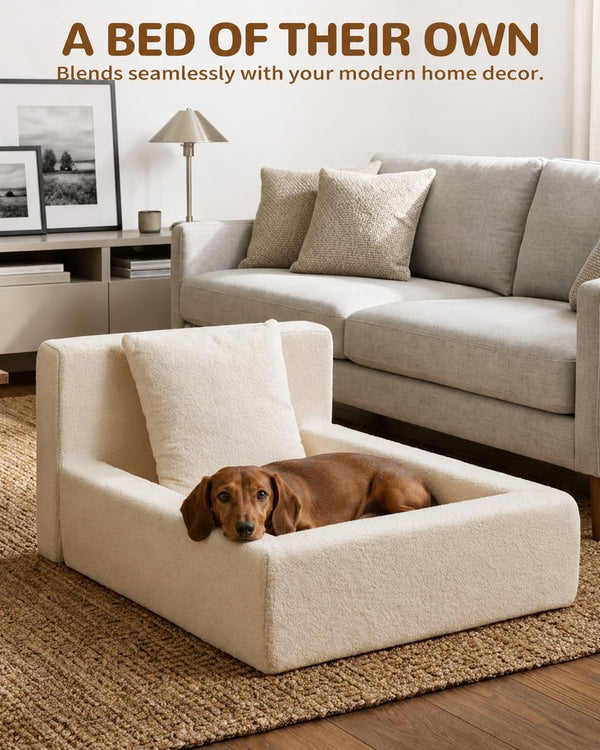 Boucle Dog Bed with Pillow, Furniture Style Dog Couch with Backrest, Washable Calming Pet Sofa Lounge for Small Medium Dogs, Beige2