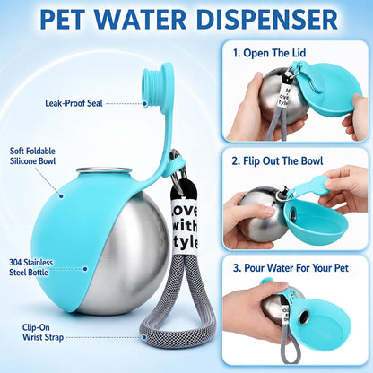 2 in 1 Portable Dog Water Bottle for Dogs,10Oz Stainless Steel Portable Dog Water Bottle with Foldable Silicone Bowl, Leak-Proof 2 in 1 Portable Tumbler for Small Dog & Puppy Walking Hiking Outdoor3