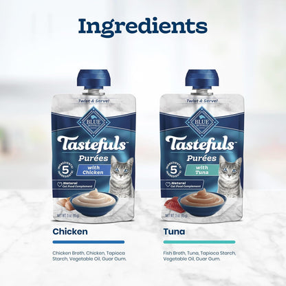 Blue Buffalo Tastefuls Purées Variety Pack Wet Cat Food Complement (Chicken & Tuna) Made with Natural Ingredients, for All Life Stages, 3-Oz. Resealable Pouches (12 Count)5