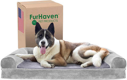 Furhaven Orthopedic Dog Bed for Large Dogs, Sofa-Style with Cool Gel-Top Foam with a Solid Orthopedic Foam Base for Joint Support, Removable Washable Cover, Jumbo XL, Plush & Suede, Gray18
