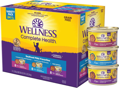 Wellness Complete Health Pate Variety Pack Adult Canned Wet Cat Food, Natural, Protein Rich, Grain Free, Seafood Favorites, 3 Oz, Pack of 24 Cans1
