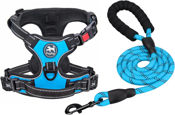 Poypet No Pull Dog Harness and 5 Feet Leash Set, Release on Neck Reflective Adjustable Pet Vest, Front & Back 2 D-Ring and Soft Padded Pet Harness with Handle for Small to Large Dogs(Grey,L)18
