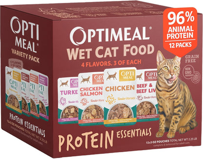 Optimeal Wet Cat Food Variety Pack - Savory Protein Selection, Grain Free Tender Morsels, High Protein Premium Nutrition Made with Natural European Ingredients, Adult Cat Pouches 3Oz (Pack of 12)1