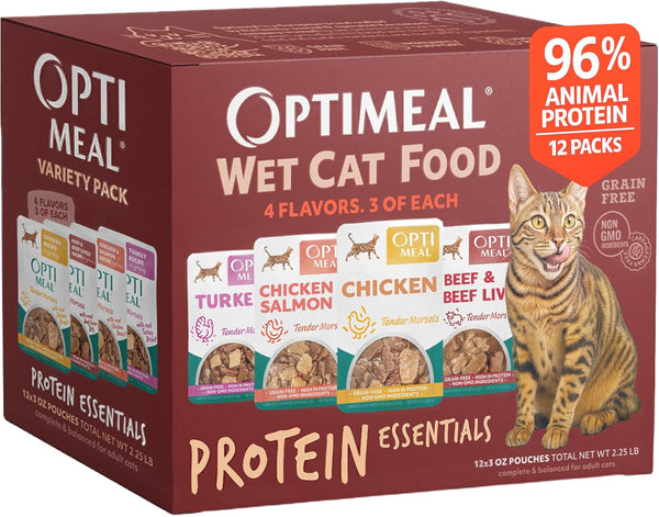 Optimeal Wet Cat Food Variety Pack - Savory Protein Selection, Grain Free Tender Morsels, High Protein Premium Nutrition Made with Natural European Ingredients, Adult Cat Pouches 3Oz (Pack of 12)1