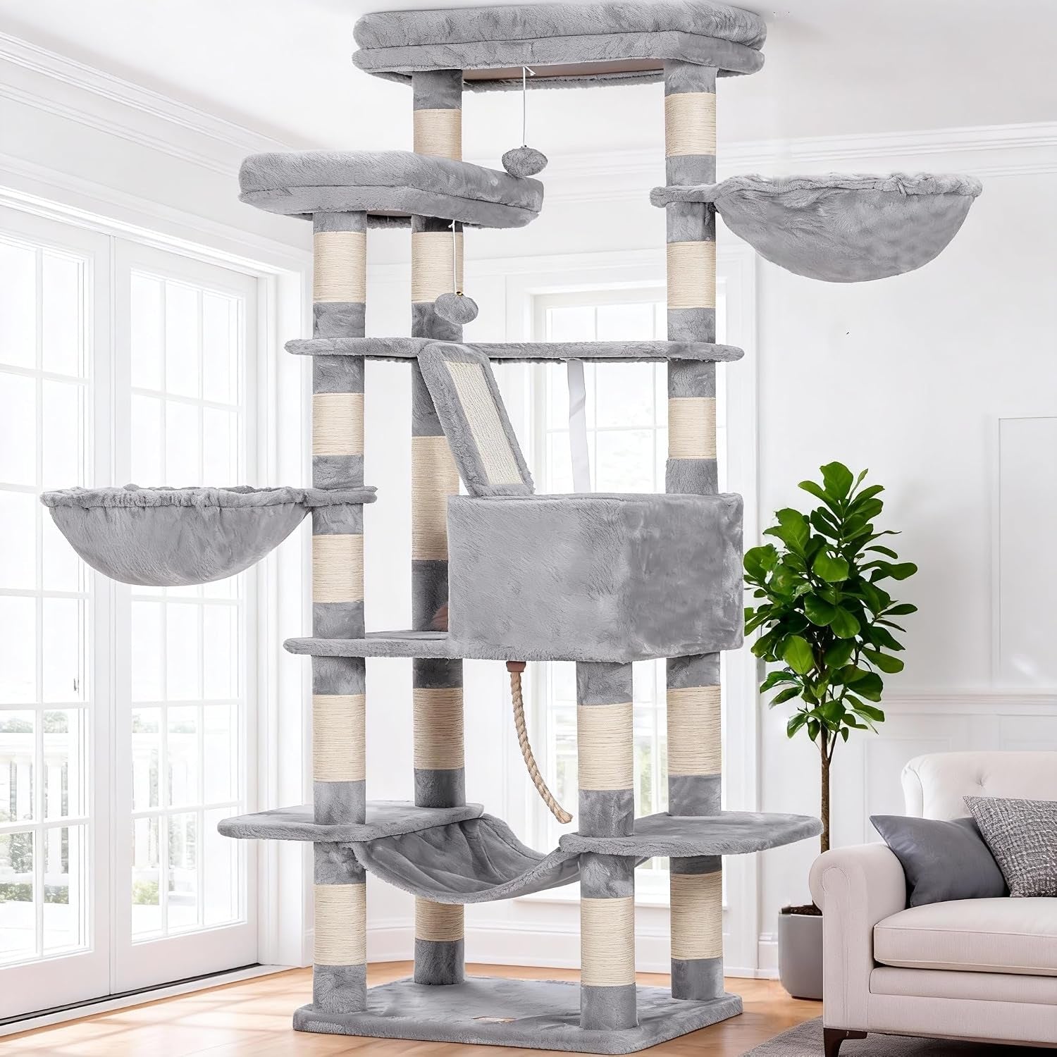 heybly-cat-tree-71-inch-tall-tower-for-indoor-cats-with-2-perches-hct034w-large-cat-furniture-with-2-big-condos-2-hammocks-basket-scratching-pad-multi-level-cat-condo-light-gray
