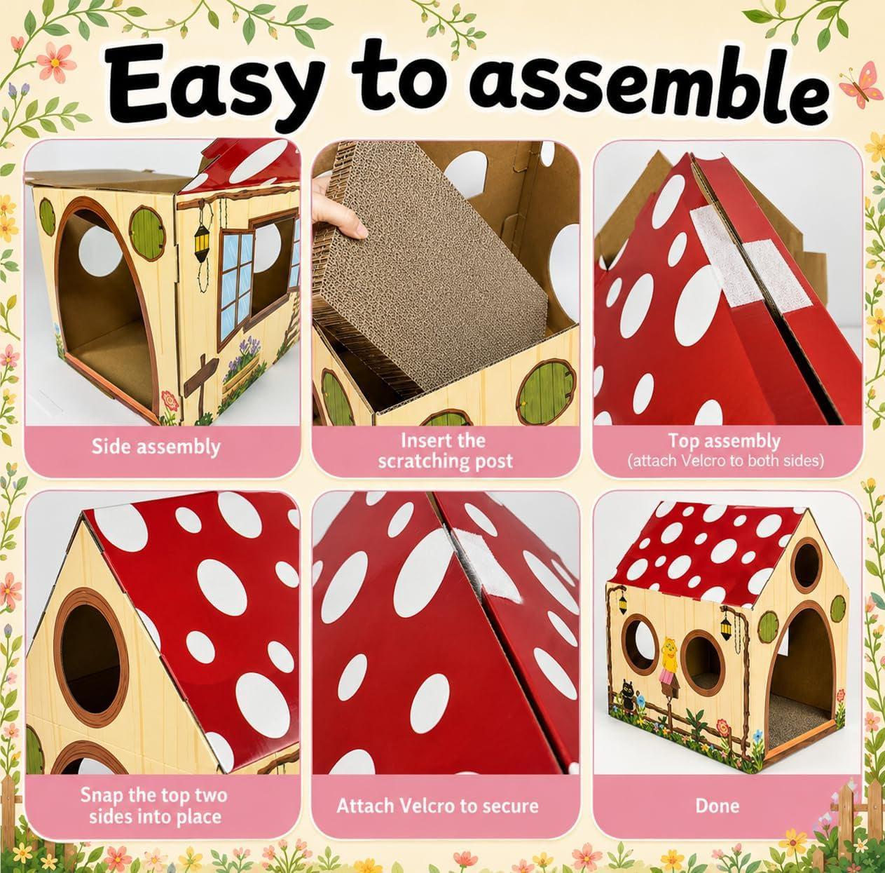 cinrobiye-cardboard-cat-house-with-scratcher-indoor-cat-condo-cat-cave-hideout-with-scratch-pad-cardboard-cat-playhouse-bed-for-cats-kittens-rabbits-small-pets-mushroom