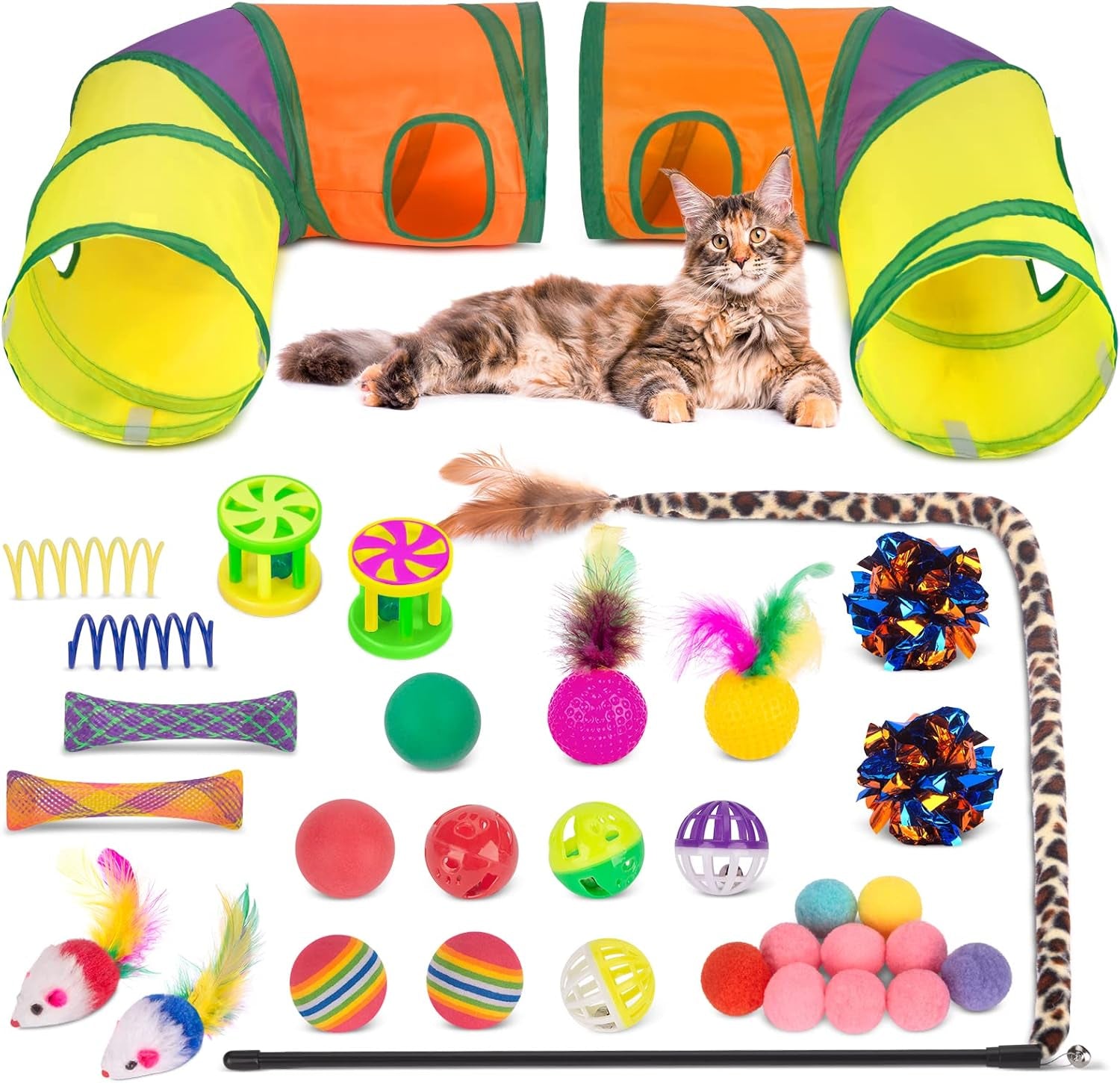 retro-shaw-33-pack-cat-toys-for-indoor-cats-collapsible-kitty-tunnel-tent-with-feather-teaser-wand-springs-balls-bell-mouse-interactive-kitten-hideaway-playhouse-15-7-inches