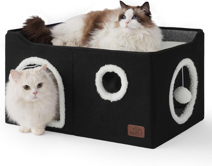 Bedsure Cat House Bed for Indoor Cats with Fluffy Ball and Scratch Pad,Grey | 16.5X16.5X13 In,Large Cat Cave for Multiple Pets,Foldable Cat Hideway Cube for Sleeping Kitten9