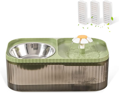 Cat Water Fountain and Food Bowl, 3L/101Oz Ultra Quiet Pet Water Dispenser with Smart Pump and 3 Replacement Filters, Automatic Flower Fountain & Stainless Steel Bowl (Black & Green)1