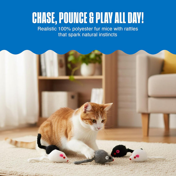 Penn-Plax Play Fur Mice Cat Toys, 12 Pack - Soft Polyester with Rattling Sound for Interactive Play, Exercise & Hunting - Lightweight Cat Toy Set for All Ages & Breeds - Black, White & Gray - 2 Inches3