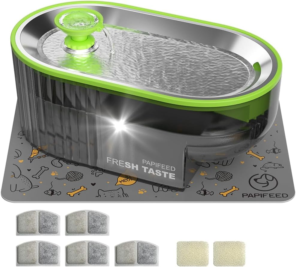 papifeed-cat-water-fountain-stainless-steel-with-a-silicone-mat-84oz-2-5l-automatic-pet-water-fountain-with-led-water-level-window-quiet-low-power-cat-water-bowl-cat-water-dispenser-green