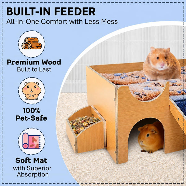Guinea Pig Wooden Hideout with Built-In Feeder, Screw-Assembled Natural Wood Castle with Absorbent Fleece Mat, Ramp & Accessories, Cozy Safe Hideaway for Small Pets to Rest, Play & Explore2