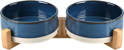 SPUNKYJUNKY Ceramic Dog and Cat Bowl with Wood Stand Non-Slip Matte Glaze Weighted Food Water Set for Cats &Small Dogs 13.5OZ25