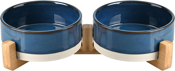 SPUNKYJUNKY Ceramic Dog and Cat Bowl with Wood Stand Non-Slip Matte Glaze Weighted Food Water Set for Cats &Small Dogs 13.5OZ25