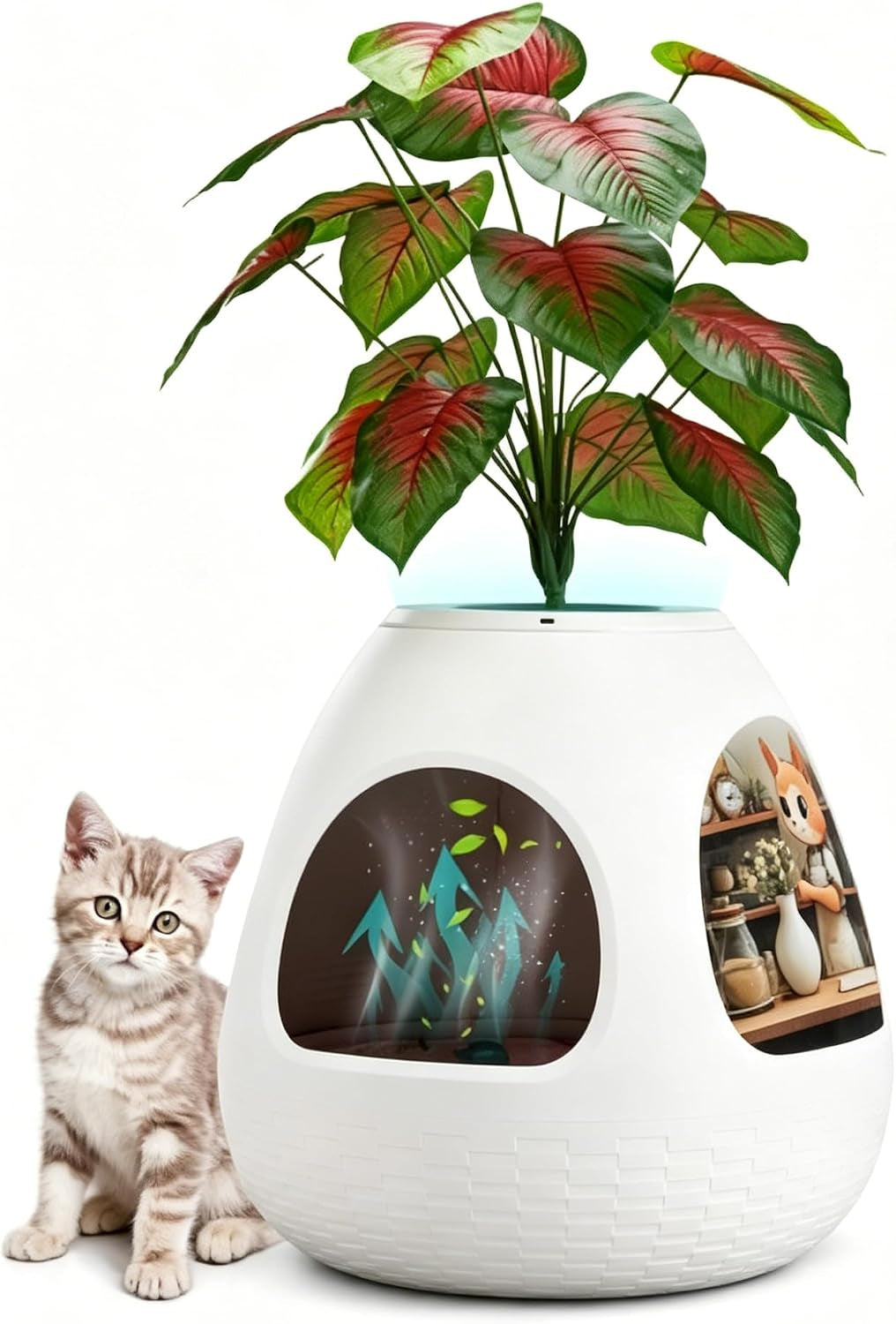 eggloa6-hidden-cat-litter-box-with-artificial-plants-odor-removal-system-egg-shaped-enclosure-includes-scoop-3pcs-liners-secret-discreet-furniture-diy-assembly-cat-litter-box-cabinet-brown