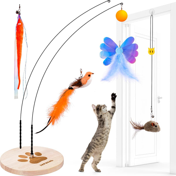 JXFUKAL Interactive Cat Toy, Automatic Cat Wand Toy with Stable Wooden Base, 2 PCS Detachable Cat Teaser, 5PCS Refills Replacement & Hanging Elastic String, Kitty Kitten Toys Feather Spring Bird Toy1