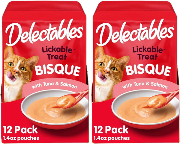 Delectables Lickable Treat Bisque Wet Cat Treat with Real Tuna & Salmon, Food Topper, Hydrating, Grain-Free, No Fillers, No By-Products, No Added Preservatives, 1.4Oz Pouch, 12Ct16