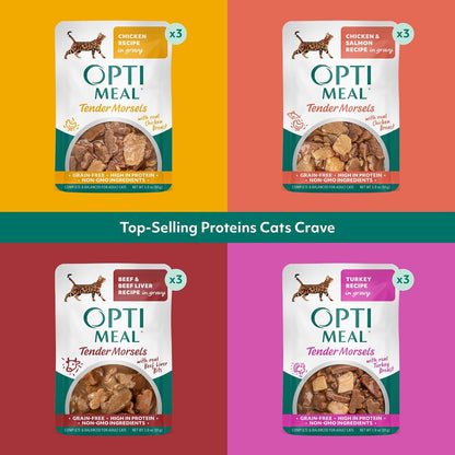 Optimeal Wet Cat Food Variety Pack - Savory Protein Selection, Grain Free Tender Morsels, High Protein Premium Nutrition Made with Natural European Ingredients, Adult Cat Pouches 3Oz (Pack of 12)4