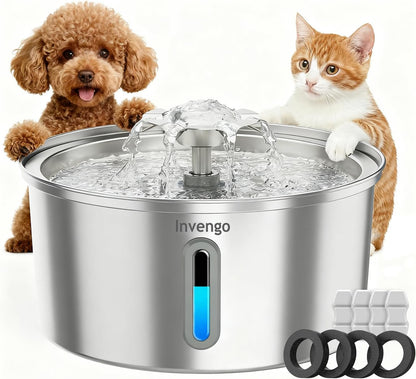 Cat Water Fountain Stainless Steel 3.2L/108Oz, Invengo Automatic Pet Fountain for Cats & Dogs, Ultra Quiet <25 Db Pump, Includes 4 Replacement Filters & Sponges, LED Water Level Window, Easy to Clean1