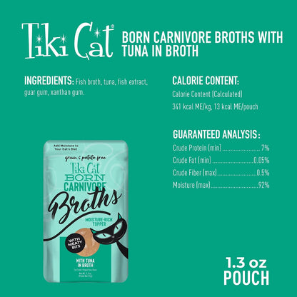Tiki Cat Born Carnivore Broths, Tuna Recipe, Hydration and Flavor Supplement Cat Food Topper, 1.3 Oz. Pouch (Pack of 12)3