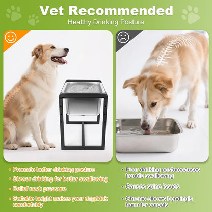 Adjustable Height Elevated Large Dog Water Bowls with Stainless Steel Bowls and Metal Stand，4-Level (8/10/12/14 Inches) Pet Bowl for Dogs for Large Medium Dogs - Durable, Easy to Clean (2Gallon)2
