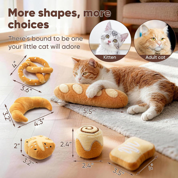 Ciyvolyeen 6 Pack Plush Bread Catnip Toys for Indoor Cats | Interactive Cat Toy, Soft Plush, Organic Catnip, Bite-Resistant, Boredom Relief, Bread Shapes Trigger Natural Predatory Play3