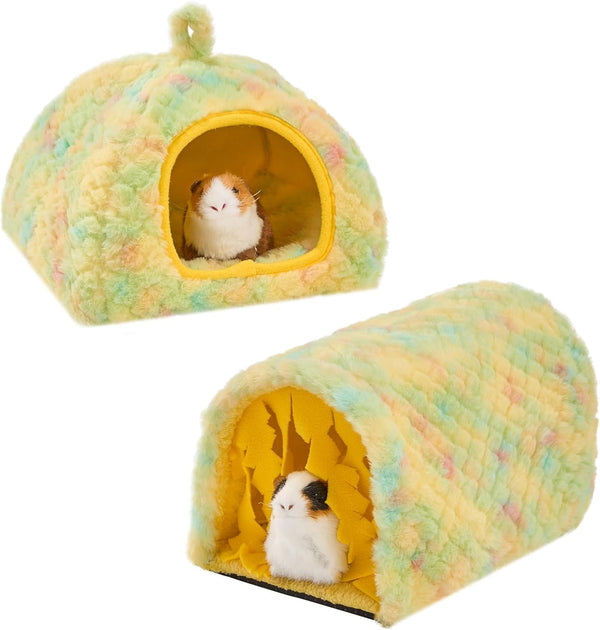 Avont 2-Pack Guinea Pig Tunnel & Hideout Bed Set | Washable Hideout & Tunnel Set, Breathable Fleece, Dual Entrances, Removable Pad, Blue or Yellow8