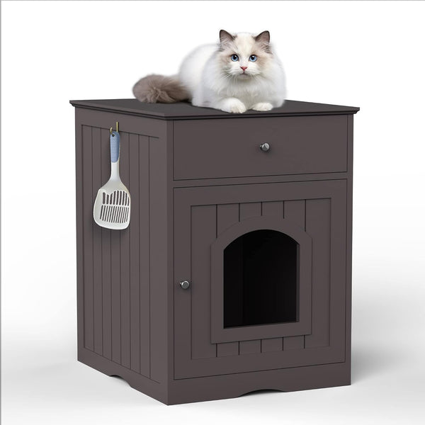 Espresso Wooden Cat Litter Box Enclosure with Drawers - Stylish Nightstand & Side Table1