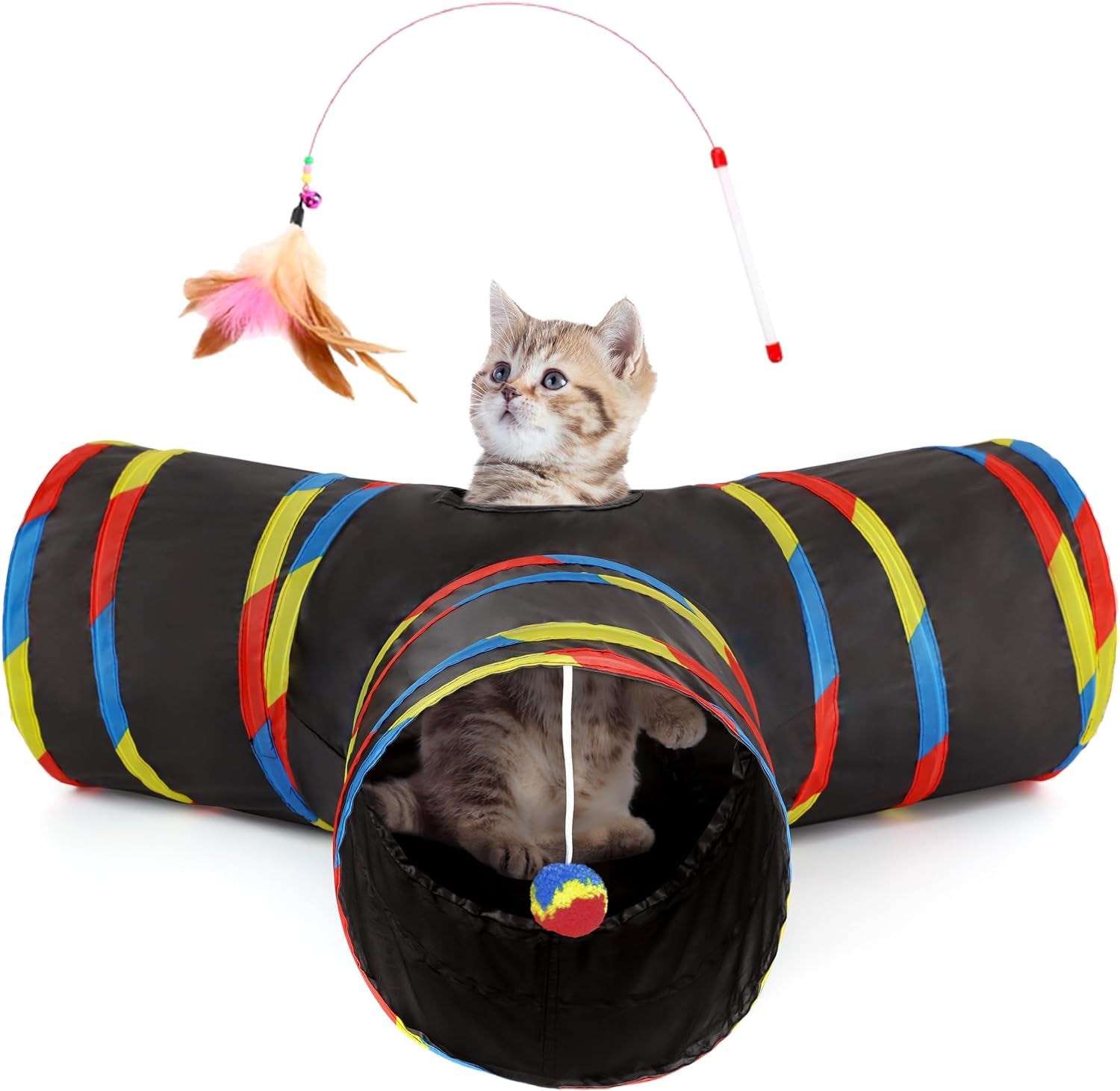 tempcore-pet-cat-tunnel-tube-toys-3-way-collapsible-tunnels-for-indoor-cats-interactive-tube-with-teaser-wand-peek-holes-hanging-ball-black-blue