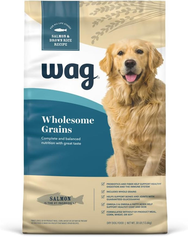 Amazon Brand - Wag Wholesome Grains Dry Dog Food with Salmon and Brown Rice, 30 Lb Bag (Pack of 1)1