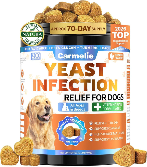 Yeast Infection Treatment for Dogs, 200 Chew Carmelie Yeast Balance Healthy Itch Relief, Ear Paw Care for Dog, Allergy Supports, Inflammation Relief for Dogs, Chinken Flavor (70 Days Supply)1