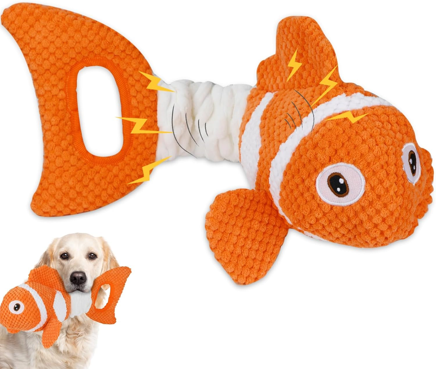 squeaky-clownfish-dog-toy-plush-crinkle-tug-toy-with-handle-pineapple-cotton-plush-with-squeaker-crinkle-paper-stretchable-body-and-tug-handle-for-interactive-indoor-or-outdoor-play