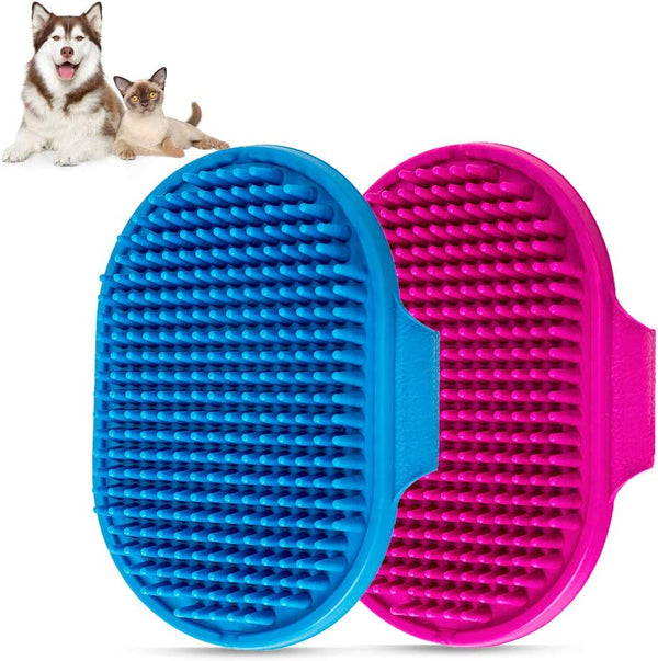 Dog Bath Brush Pet Bath Comb Brush Soothing Massage Rubber Comb 2Pcs with Adjustable Ring Handle for Long Short Haired Dogs and Cats (Blue+Rose)1