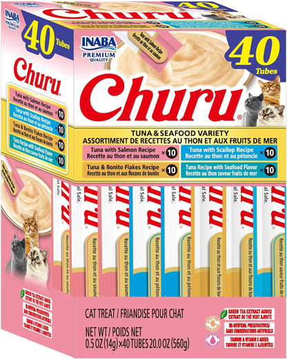 INABA Churu Cat Treats, Lickable, Squeezable Creamy Purée Cat Treat with Green Tea Extract & Taurine, 0.5 Ounces Each Tube, 50 Tubes, Tuna & Chicken Variety20
