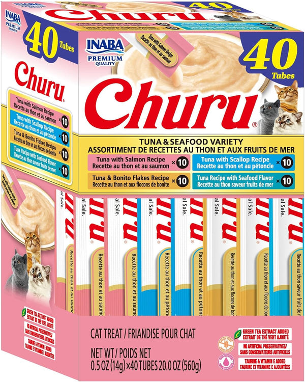 INABA Churu Cat Treats, Lickable, Squeezable Creamy Purée Cat Treat with Green Tea Extract & Taurine, 0.5 Ounces Each Tube, 40 Tubes, Tuna Variety Box20