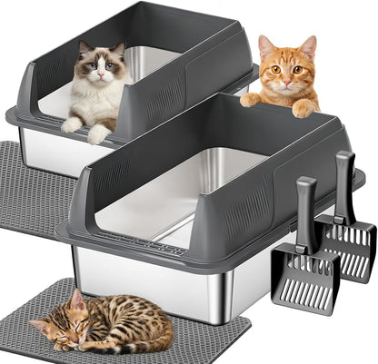 Gimars 2 Pack XL Stainless Steel Cat Litter Box for Big & Senior Cats, Multi-Cat Metal Litter Pan with High Sides, Odor-Resistant & Easy Clean, Includes Litter Scoop, Litter Mat & Anti-Slip Pads1