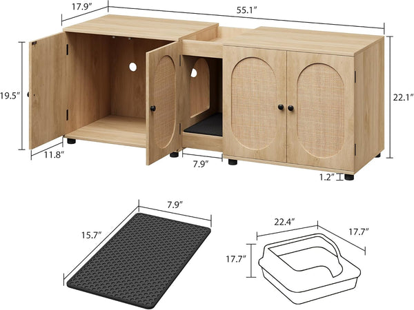 Garvee 55.1" Double Litter Box Enclosure, Boho Cat Box Furniture for 2 Cats, Cat Litter Box Furniture Hidden with Cat Scratch Pad, Large Indoor Pet House with Double Room, Wood Color | Double Room Design, Fits Most Litter Boxes, Built in Litter Mat, Double Roller Latch, Storage Cubby, Ventilated Cabinets7