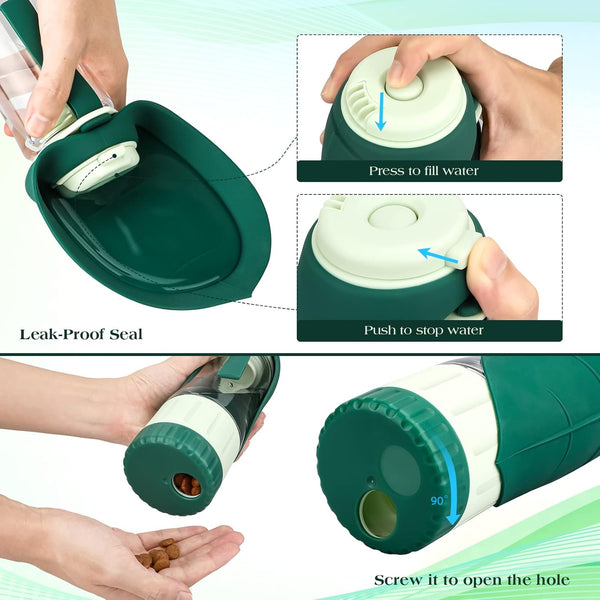 TIOVERY Upgraded Dog Water Bottle, Portable Dog Cat Puppy Pet Water Dispenser Feeder with Drinking Cup and Food Container Leak Proof for Outdoor Walking, Travel, Hiking 12OZ4